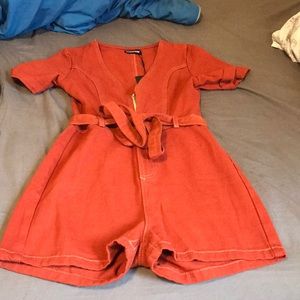 Tobacco Belted Denim Romper- Pretty Little Thing